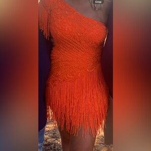 Sherri Hill Vibrant Orange Fringe Mini Dress
